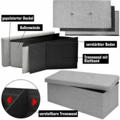DuneDesign Banc De Rangement 76x38x38cm Coffre Pliant 80L Rembourré Gris Clair - Grau -Pas Cher SILEX Magasin 10974279 3