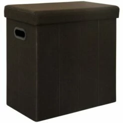 DuneDesign Panier à Linge Pliable 70L Coffre De Rangement Pliant Avec Poignées Couvercle Pouf Imitation Lin Marron Foncé - Braun