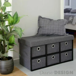 DuneDesign Coffre De Rangement Pliante 76x38x38cm 6 Tiroirs 80L Poufs Pliable Repose-pieds Rectangulaire Rembourré 2 Places Gris Foncé - Grau -Pas Cher SILEX Magasin 20971697 3