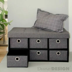 DuneDesign Coffre De Rangement Pliante 76x38x38cm 6 Tiroirs 80L Poufs Pliable Repose-pieds Rectangulaire Rembourré 2 Places Gris Foncé - Grau -Pas Cher SILEX Magasin 20971697 4