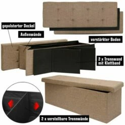 DuneDesign Coffre De Rangement XXL Pliante 110x38x38cm Incl 2 Cloisons 120L Pouf Pliable Repose-pieds Rectangulaire Rembourré 3 Places Marron Clair - Braun -Pas Cher SILEX Magasin 26509075 3