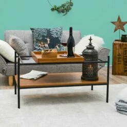 DUNEDESIGN Table Basse Industrielle Avec Plateau En Bois 90x44x50 Table Café Rectangulaire - Braun -Pas Cher SILEX Magasin 35536287 5