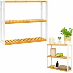 DUNEDESIGN Étagère Murale Bambou - 60x54x15 Rangement En Bois à Poser Salle De Bain Cuisine - Naturfarben