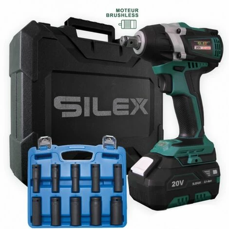 Clé à Chocs 20V Sans Fil Silex® 20V Moteur Brushless (1 X 6 Ah Batterie Lithium SLX ) + 10 Douilles à Choc 3 Clé à Chocs 20V Sans Fil Silex® 20V Moteur Brushless (1 X 6 Ah Batterie Lithium SLX ) + 10 Douilles à Choc
