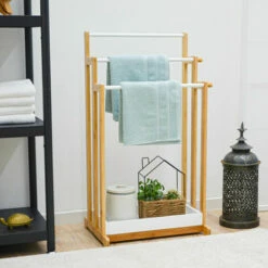 DUNEDESIGN Porte Serviette En Bambou - 45x35x84 Sèche Serviettes Sur Pied - Salle De Bain - Braun -Pas Cher SILEX Magasin 48096562 4