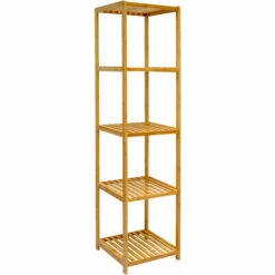 DuneDesign Étagère En Bois 38x39,5x162,5cm 5 Tablettes Superposées Lattes En Bambou Meuble à Rayonnages De Salle De Bain - Braun
