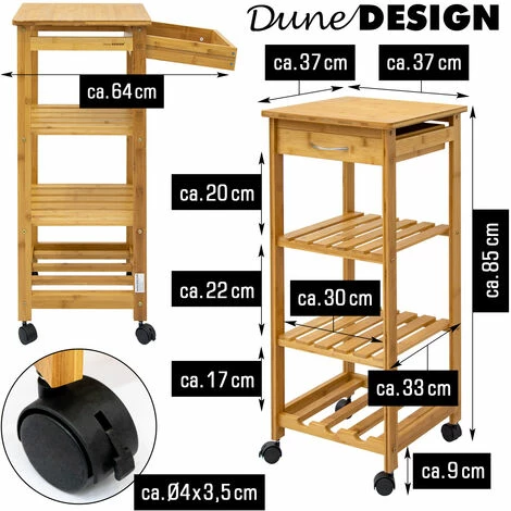 DUNEDESIGN Desserte à Roulette 37x37x85 Meuble Servant De Cuisine Bois De Bambou - Holzfarben 5 DUNEDESIGN Desserte à Roulette 37x37x85 Meuble Servant De Cuisine Bois De Bambou - Holzfarben – Image 3
