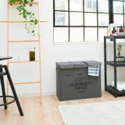 DUNEDESIGN Panier A Linge 3 Compartiment - 84L Trieur De Linge Avec Couvercle - Bac A Linge - Grau -Pas Cher SILEX Magasin 59197743 3